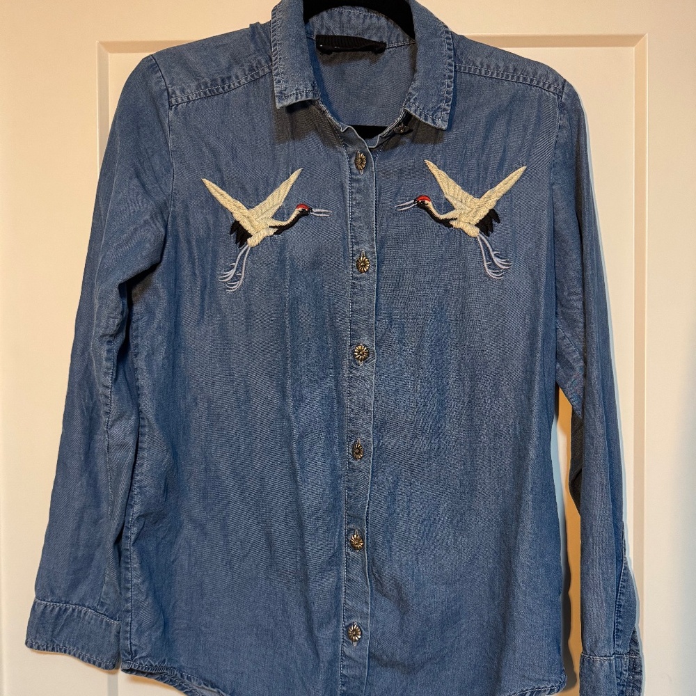 The Kooples Women’s Denim Shirt – Birds Embroidery & Flower Buttons, Size XXS
